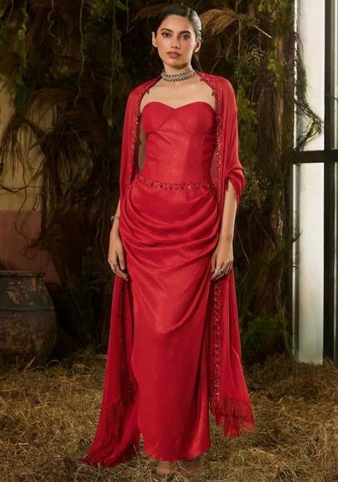 Red Chinon Embellished Handwork Fusion Set
