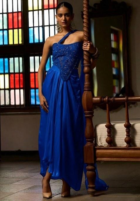 Blue Satin Embellished Handwork Fusion Set