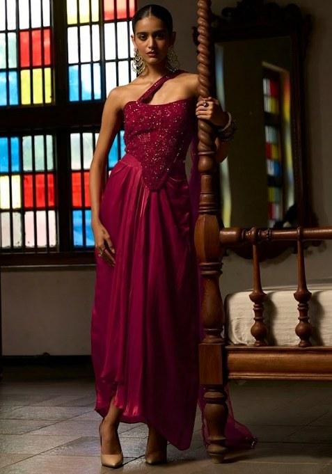 Mauve Satin Embellished Handwork Fusion Set