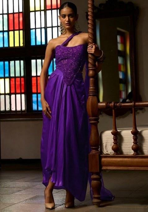 Purple Satin Embellished Handwork Fusion Set