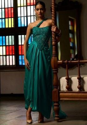 Teal Satin Embellished Handwork Fusion Set