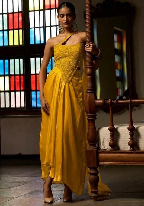 Yellow Satin Embellished Handwork Fusion Set