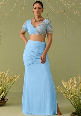 Blue Georgette Embellished Handwork Fusion Set