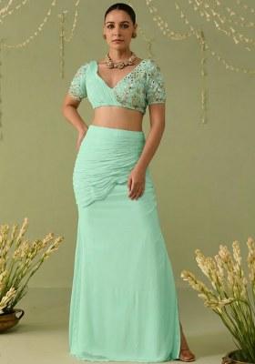 Green Georgette Embellished Handwork Fusion Set