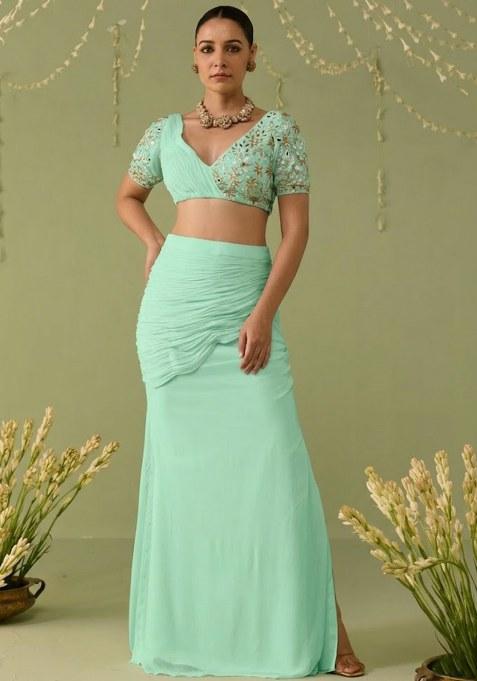 Green Georgette Embellished Handwork Fusion Set