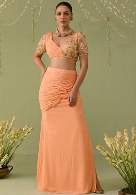 Peach Georgette Embellished Handwork Fusion Set