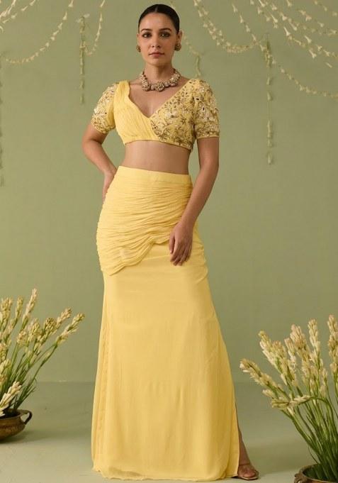 Yellow Georgette Embellished Handwork Fusion Set