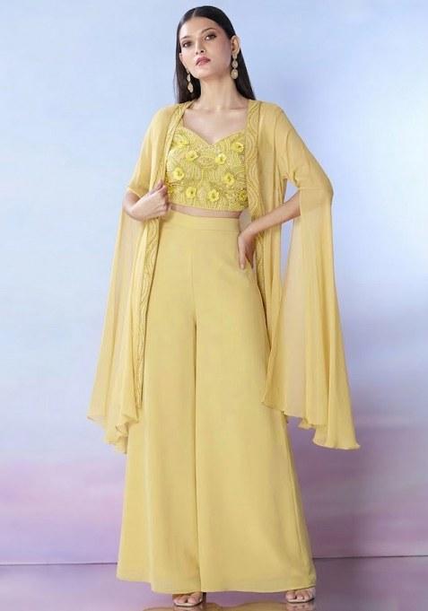 Yellow Georgette Embellished Handwork Fusion Set
