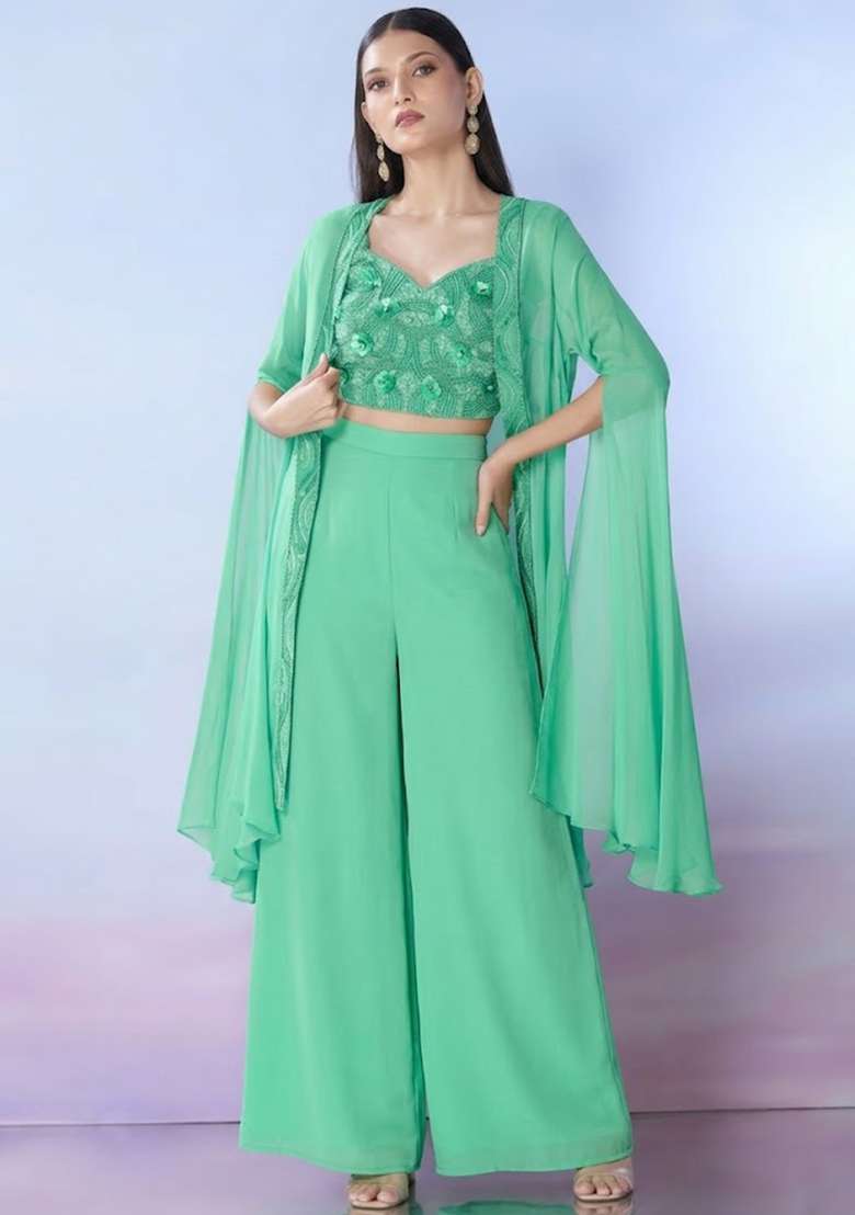 Off White Georgette Embellished Handwork Fusion Set - Indya