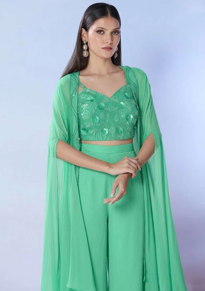 Off White Georgette Embellished Handwork Fusion Set - Indya