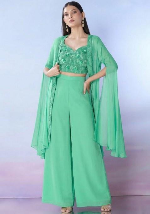 Off White Georgette Embellished Handwork Fusion Set