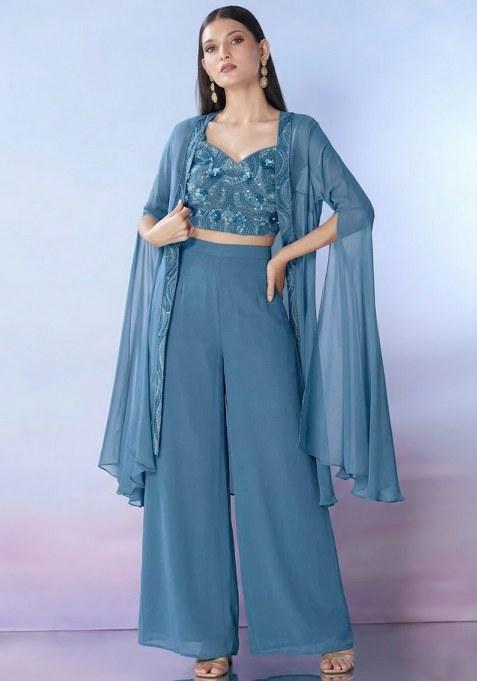 Denim Blue Georgette Embellished Handwork Fusion Set