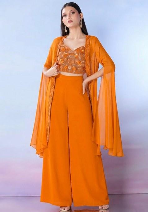 Orange Georgette Embellished Handwork Fusion Set