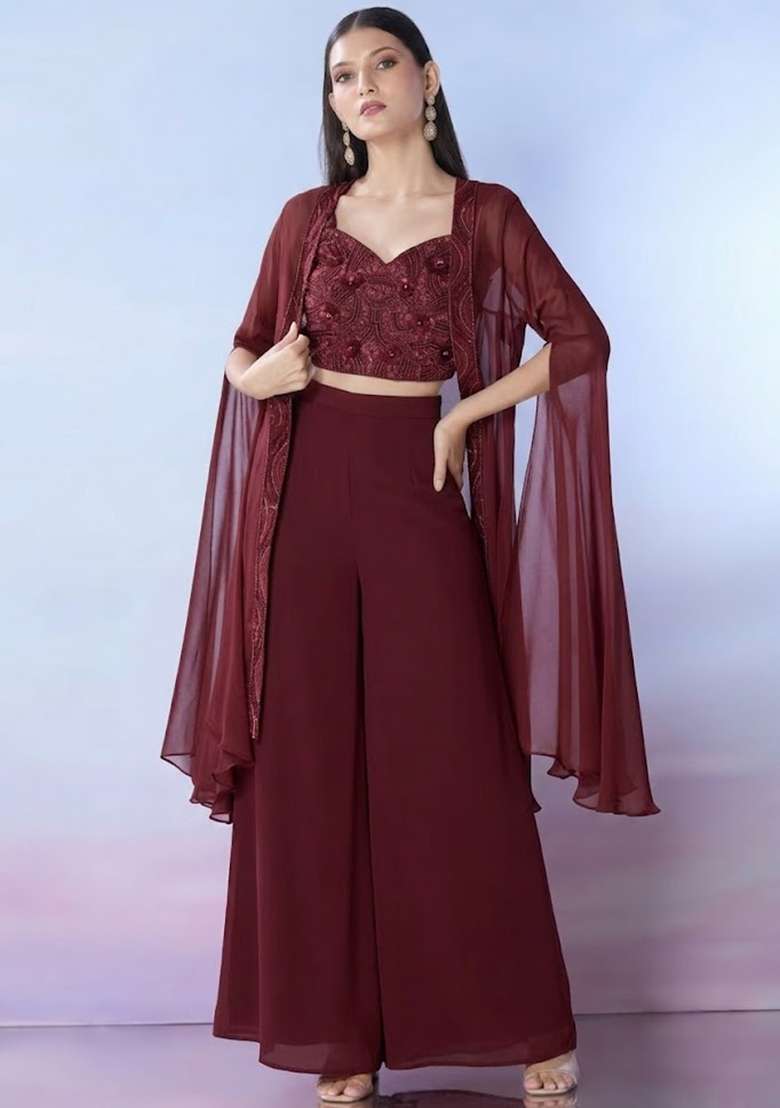 Red Georgette Embellished Handwork Fusion Set - Indya