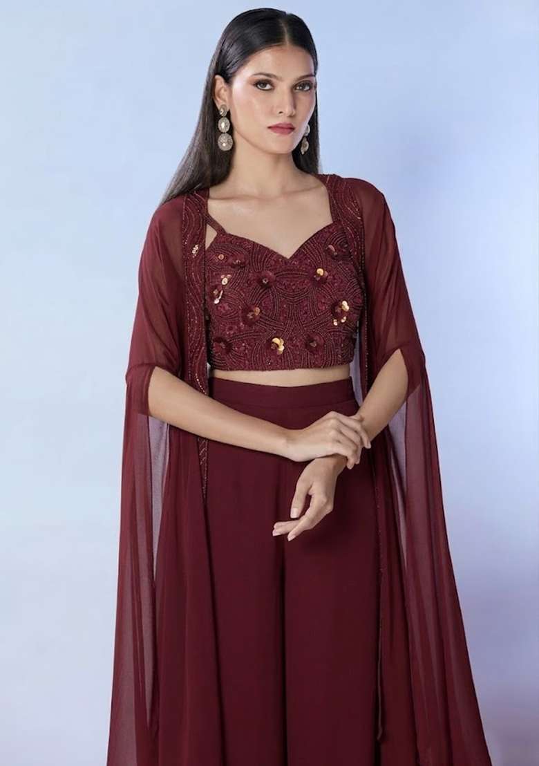 Red Georgette Embellished Handwork Fusion Set - Indya