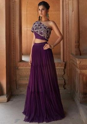 Deep Purple Chinon Embellished Handwork Fusion Set
