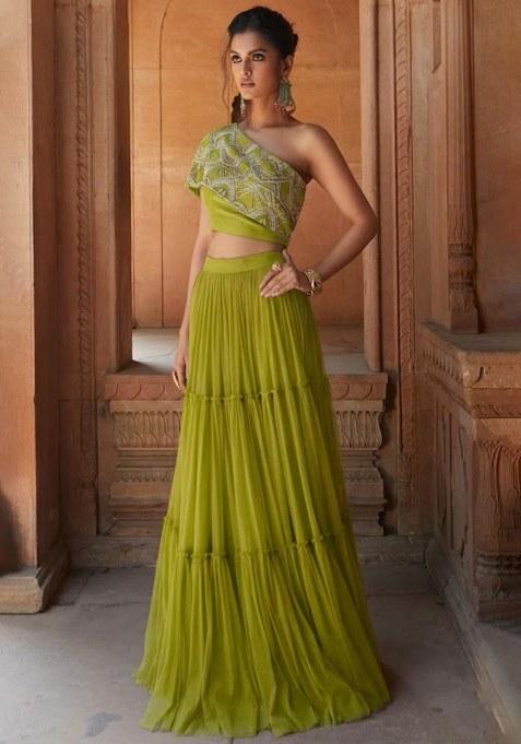 Apple Green Chinon Embellished Handwork Fusion Set