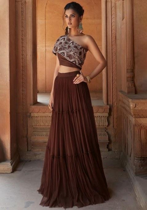 Chestnut Brown Chinon Embellished Handwork Fusion Set