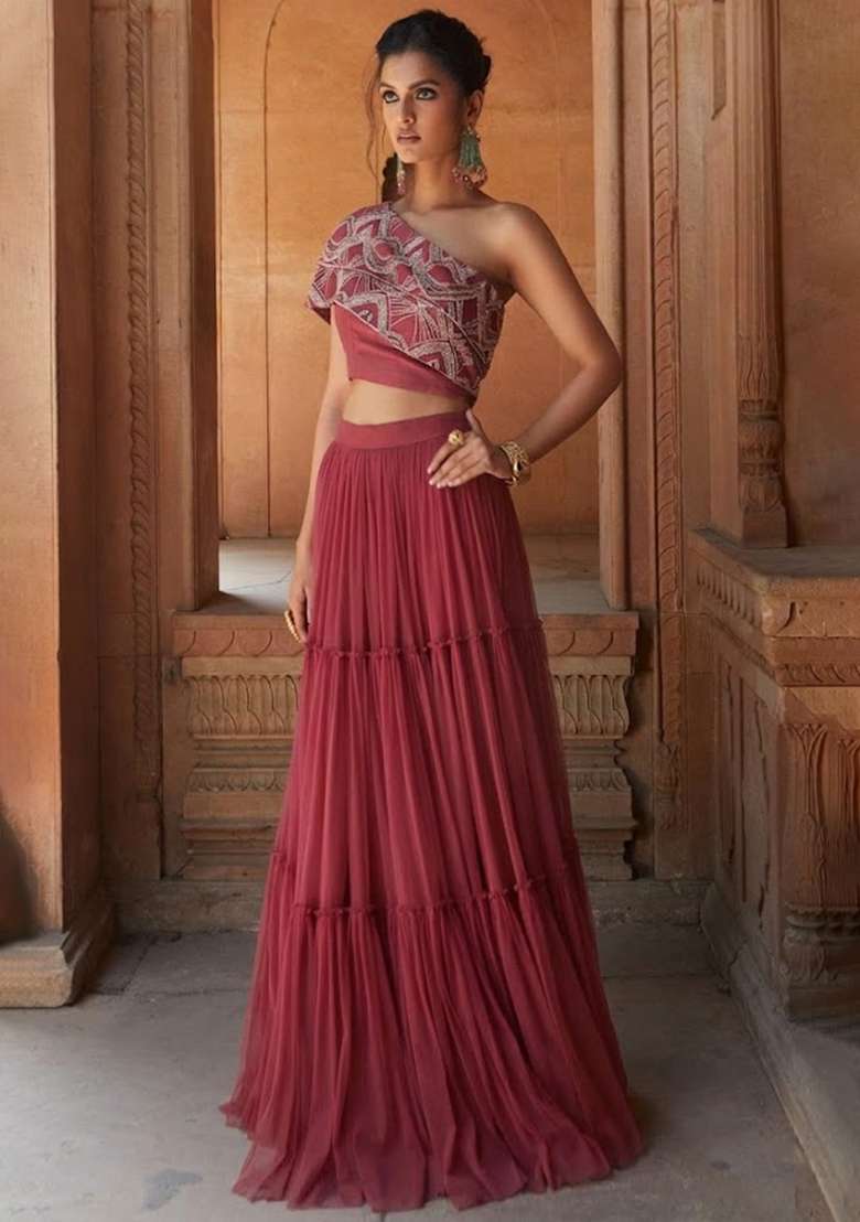Berry Red Chinon Embellished Handwork Fusion Set - Indya
