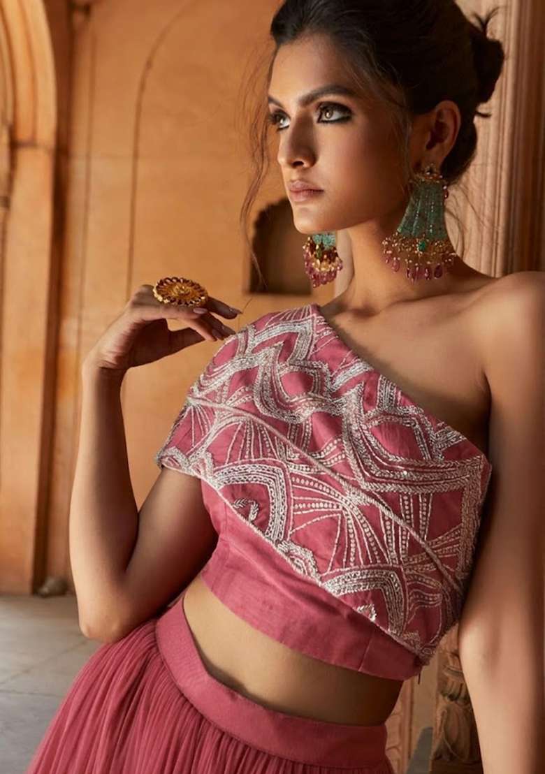 Berry Red Chinon Embellished Handwork Fusion Set - Indya