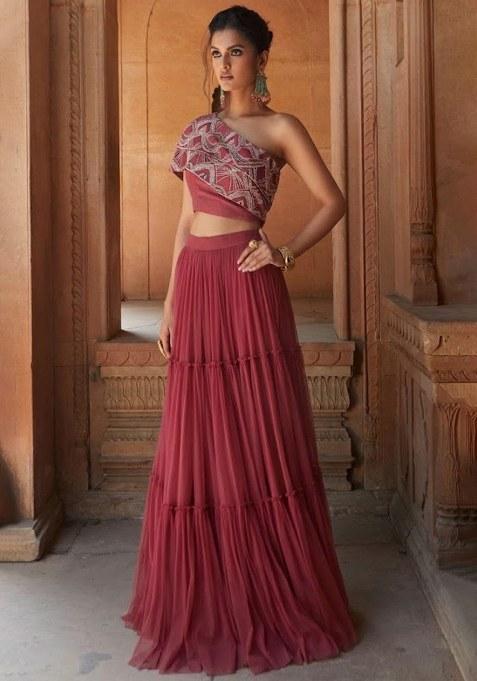 Berry Red Chinon Embellished Handwork Fusion Set