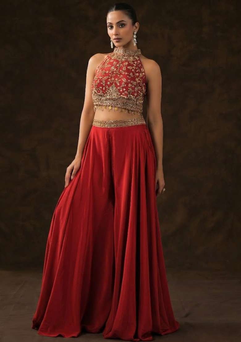 Berry Pink Crepe Embellished Handwork Fusion Set - Indya