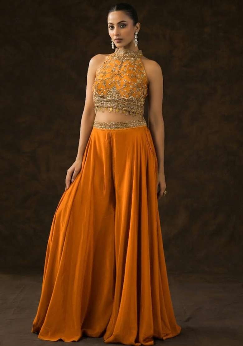 Brown Crepe Embellished Handwork Fusion Set - Indya