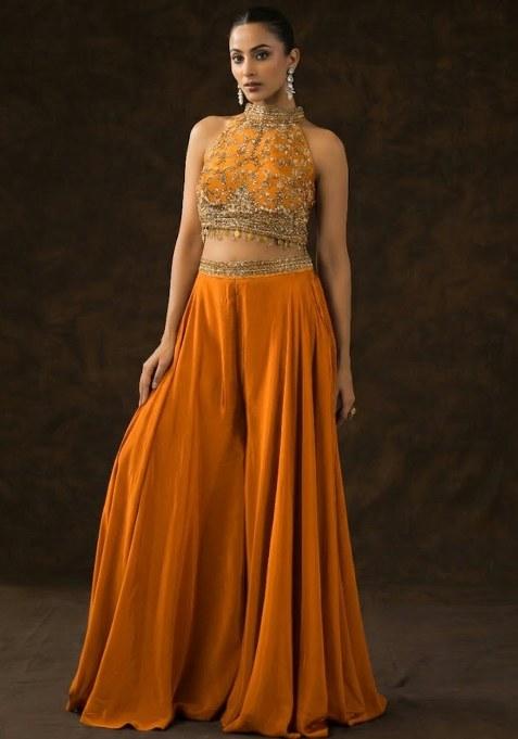 Brown Crepe Embellished Handwork Fusion Set