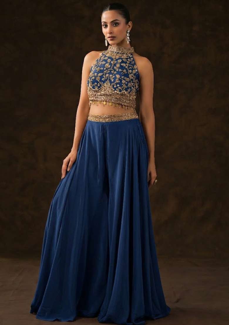 Porcelain Blue Crepe Embellished Handwork Fusion Set - Indya