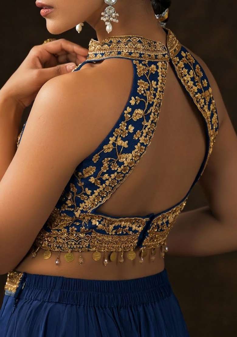 Porcelain Blue Crepe Embellished Handwork Fusion Set - Indya