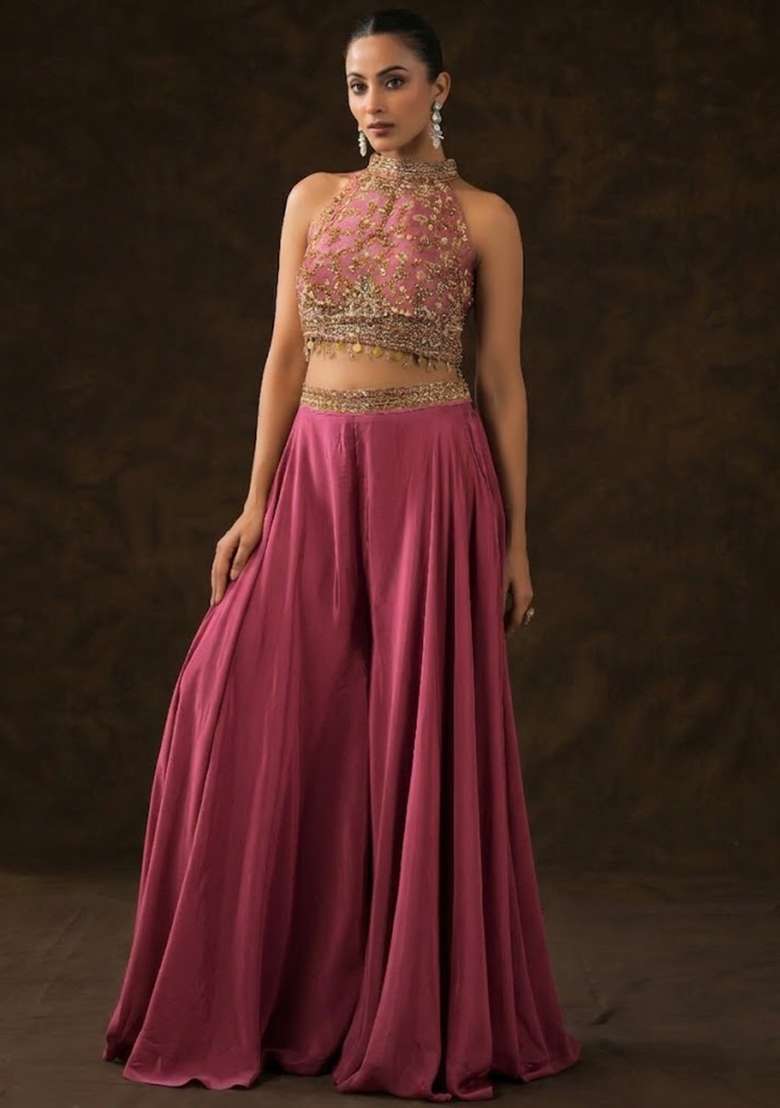 Pink Crepe Embellished Handwork Fusion Set - Indya