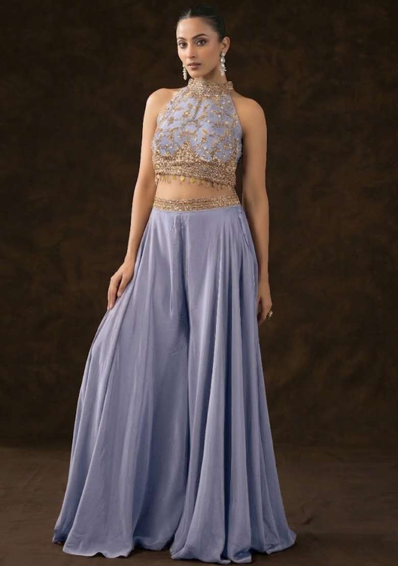 Purple Crepe Embellished Handwork Fusion Set - Indya