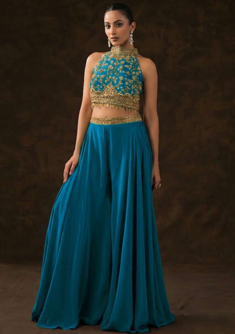 Teal Crepe Embellished Handwork Fusion Set - Indya