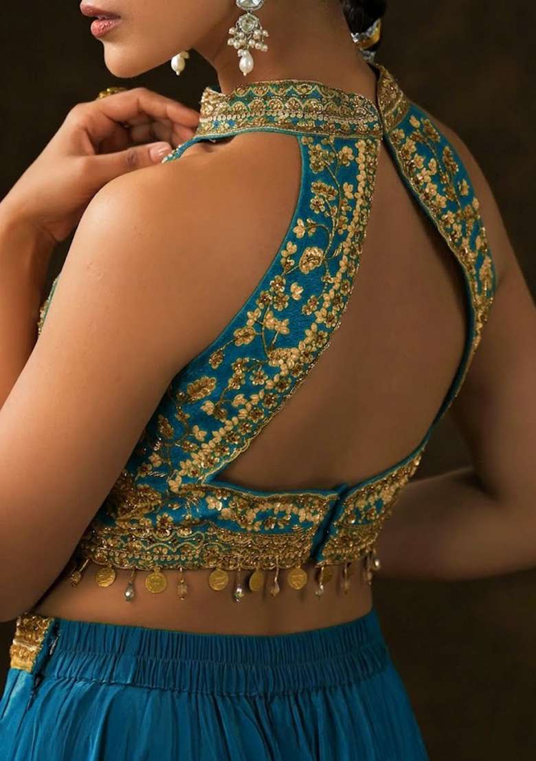 Teal Crepe Embellished Handwork Fusion Set - Indya