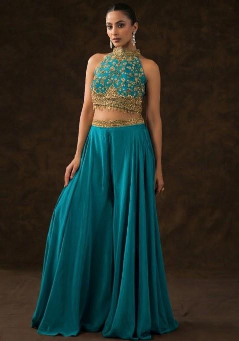 Teal Crepe Embellished Handwork Fusion Set