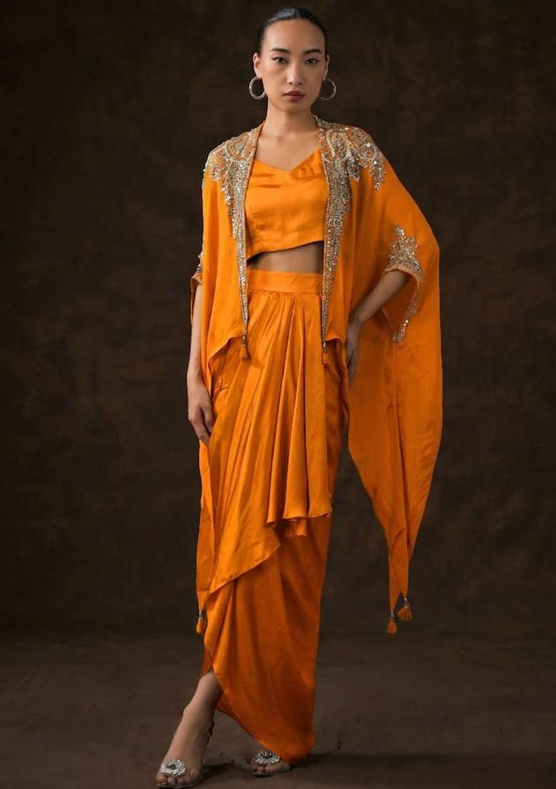 Brown Satin Embellished Handwork Fusion Set - Indya