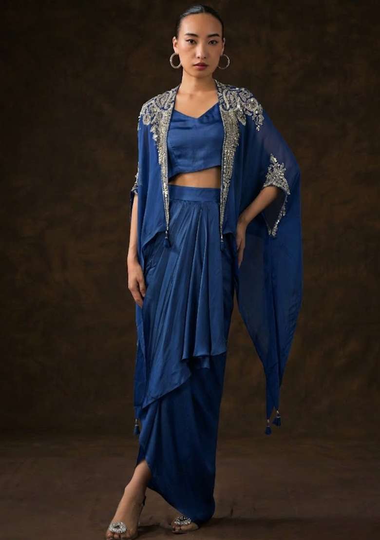 Porcelain Blue Satin Embellished Handwork Fusion Set - Indya