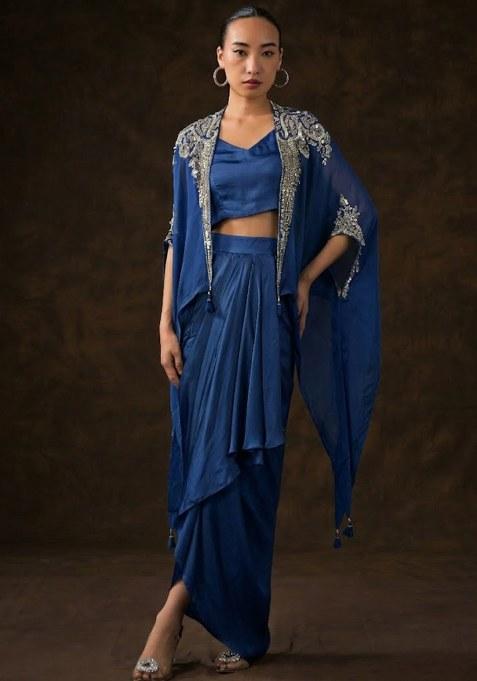 Porcelain Blue Satin Embellished Handwork Fusion Set