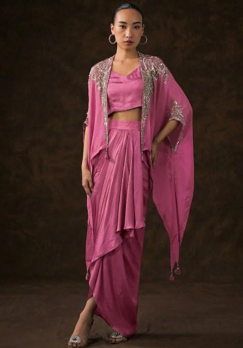 Pink Satin Embellished Handwork Fusion Set