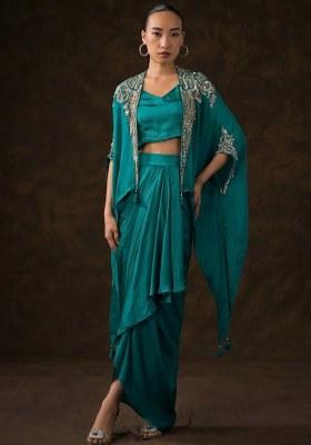Teal Satin Embellished Handwork Fusion Set