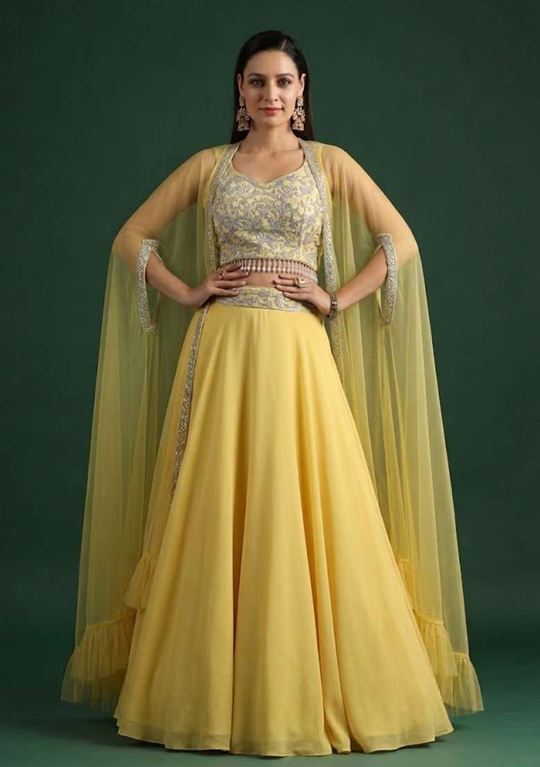 Yellow Crepe Embroidered Handwork Lehenga Set - Indya