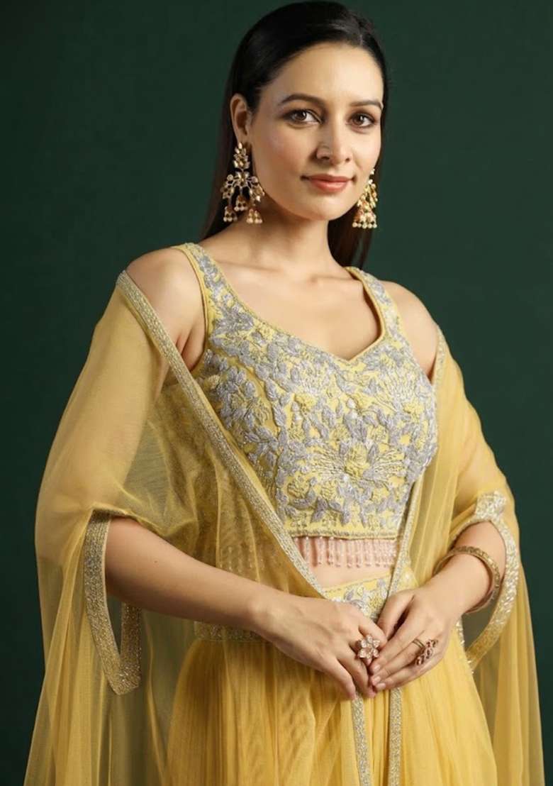 Yellow Crepe Embroidered Handwork Lehenga Set - Indya