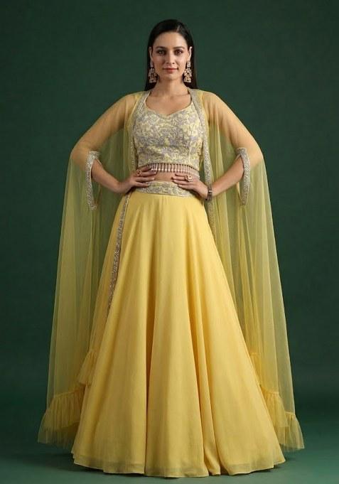 Yellow Crepe Embroidered Handwork Lehenga Set