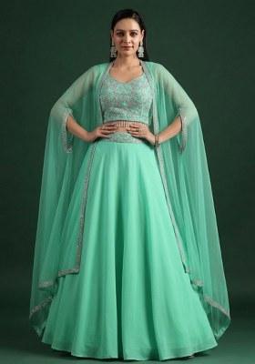 Off White Crepe Embroidered Handwork Lehenga Set