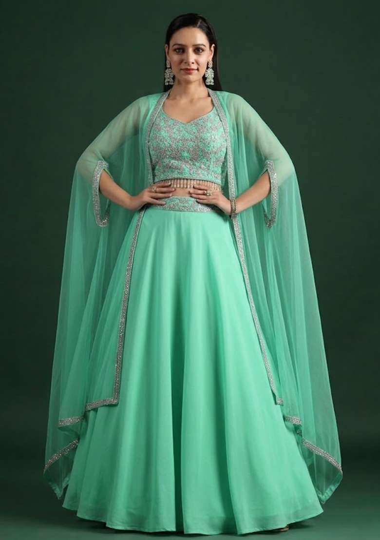 Off White Crepe Embroidered Handwork Lehenga Set - Indya