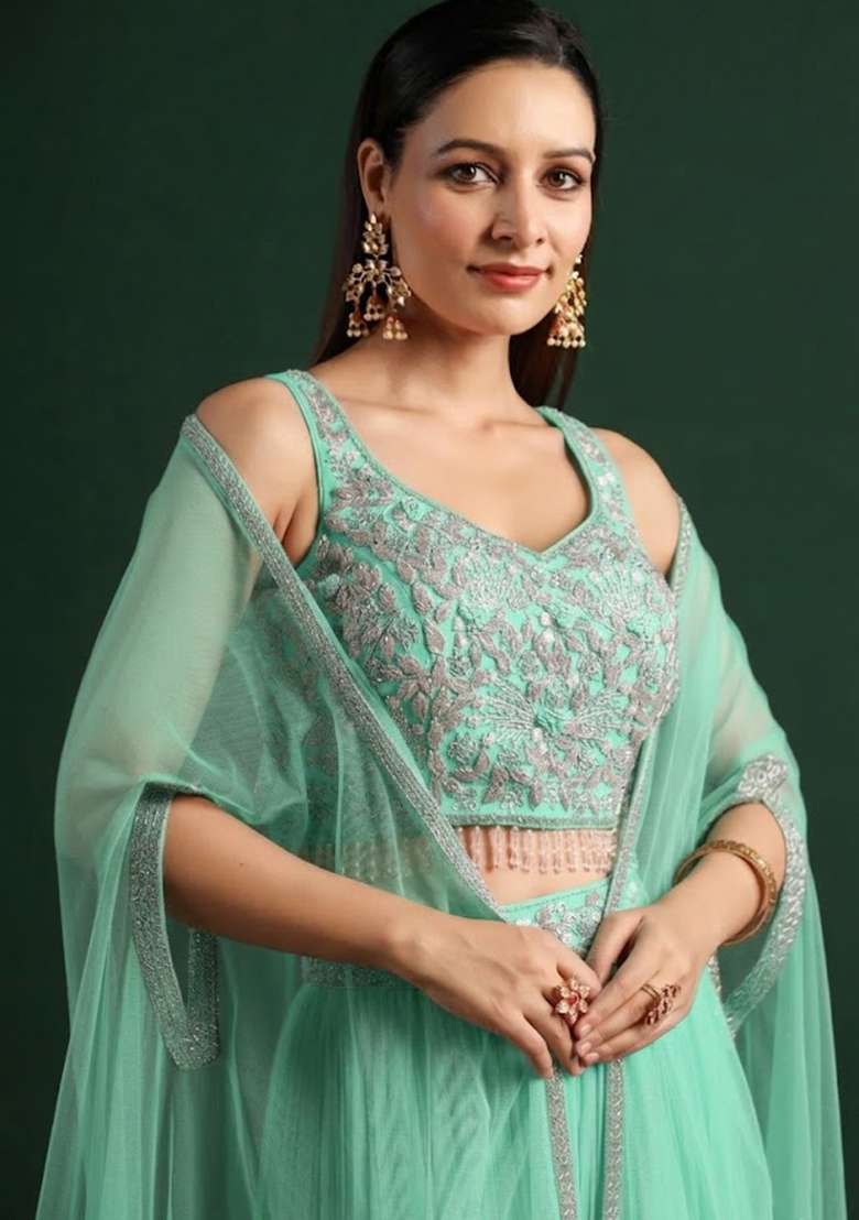 Off White Crepe Embroidered Handwork Lehenga Set - Indya