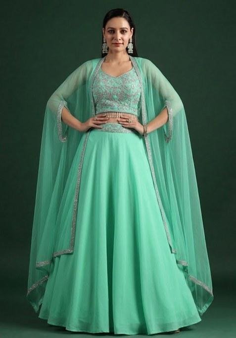 Off White Crepe Embroidered Handwork Lehenga Set