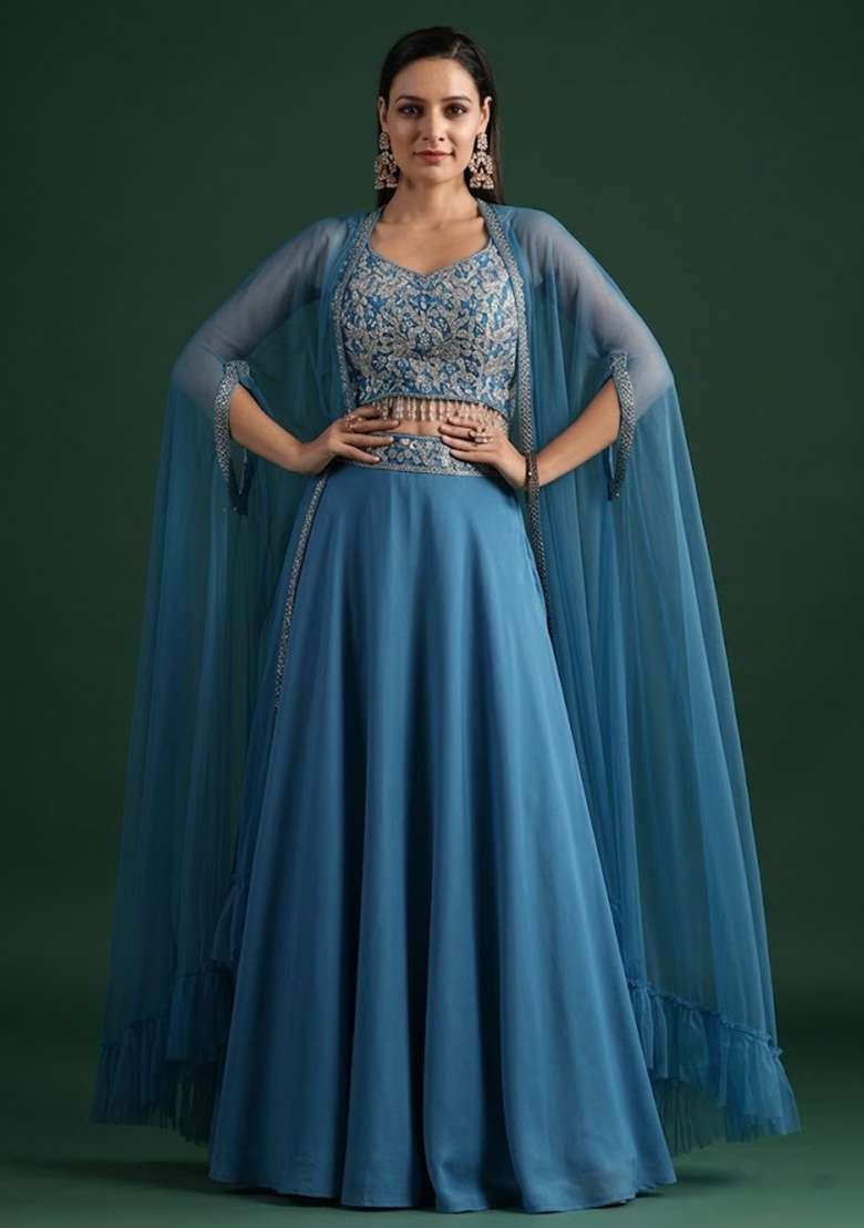 Denim Blue Crepe Embroidered Handwork Lehenga Set - Indya