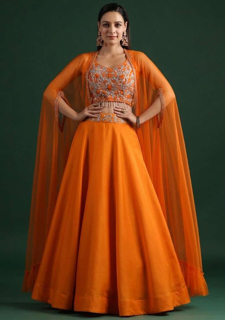 Orange Crepe Embroidered Handwork Lehenga Set - Indya