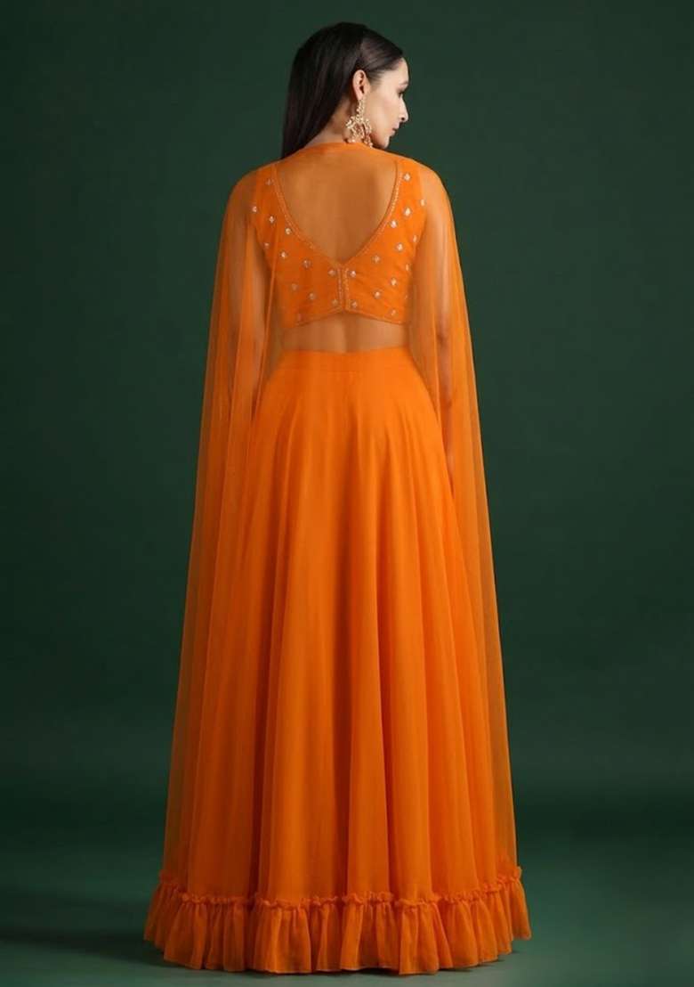 Orange Crepe Embroidered Handwork Lehenga Set - Indya